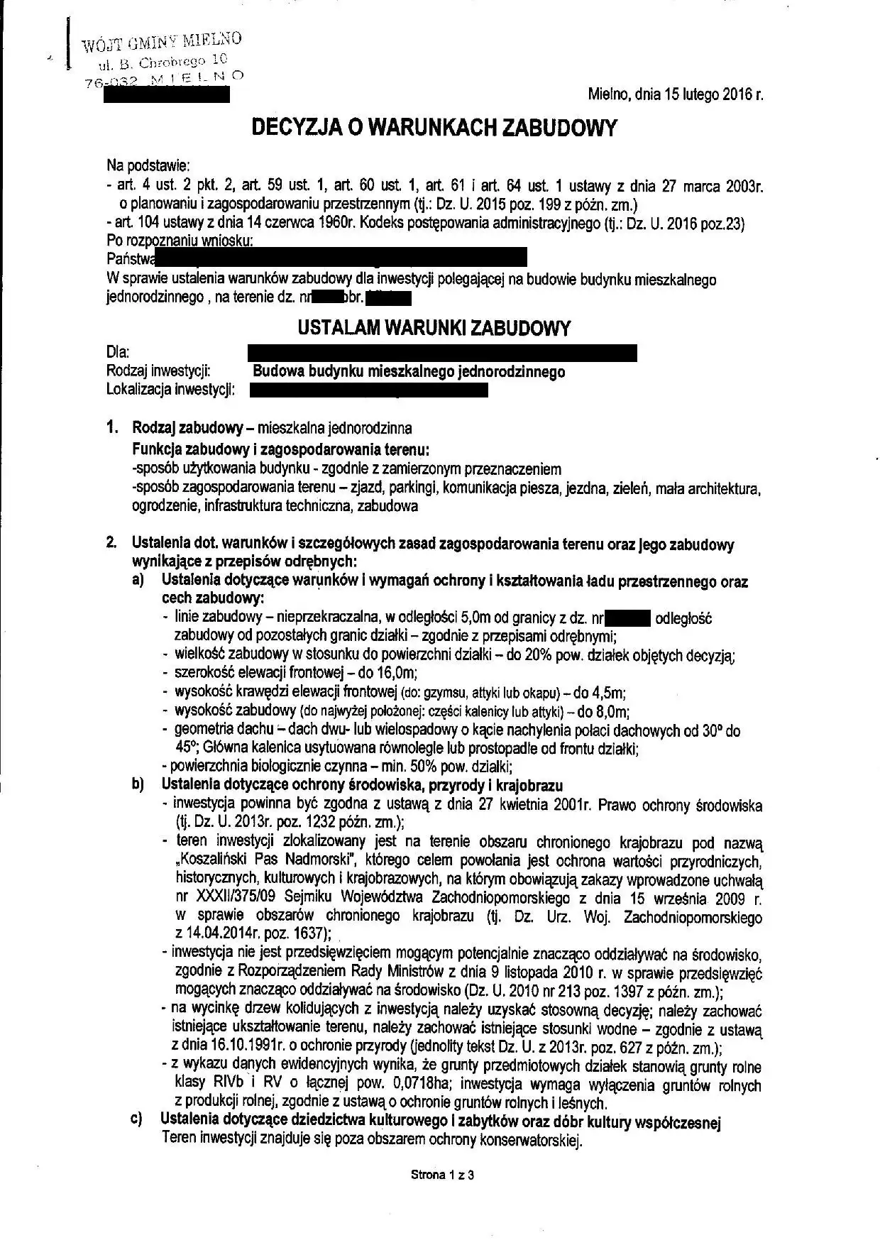 Przykładowa decyzja o warunkach zabudowy - pierwsza strona z parametrami zabudowy