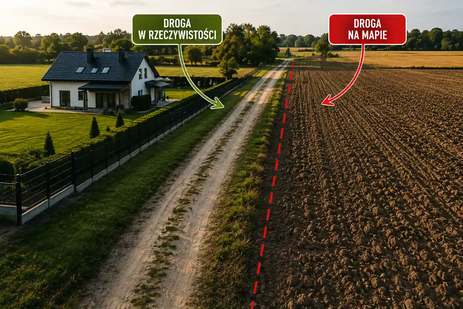 Zdjęcie lotnicze domu przy drodze gruntowej - faktyczny przebieg drogi w terenie a linia drogi widoczna na mapie