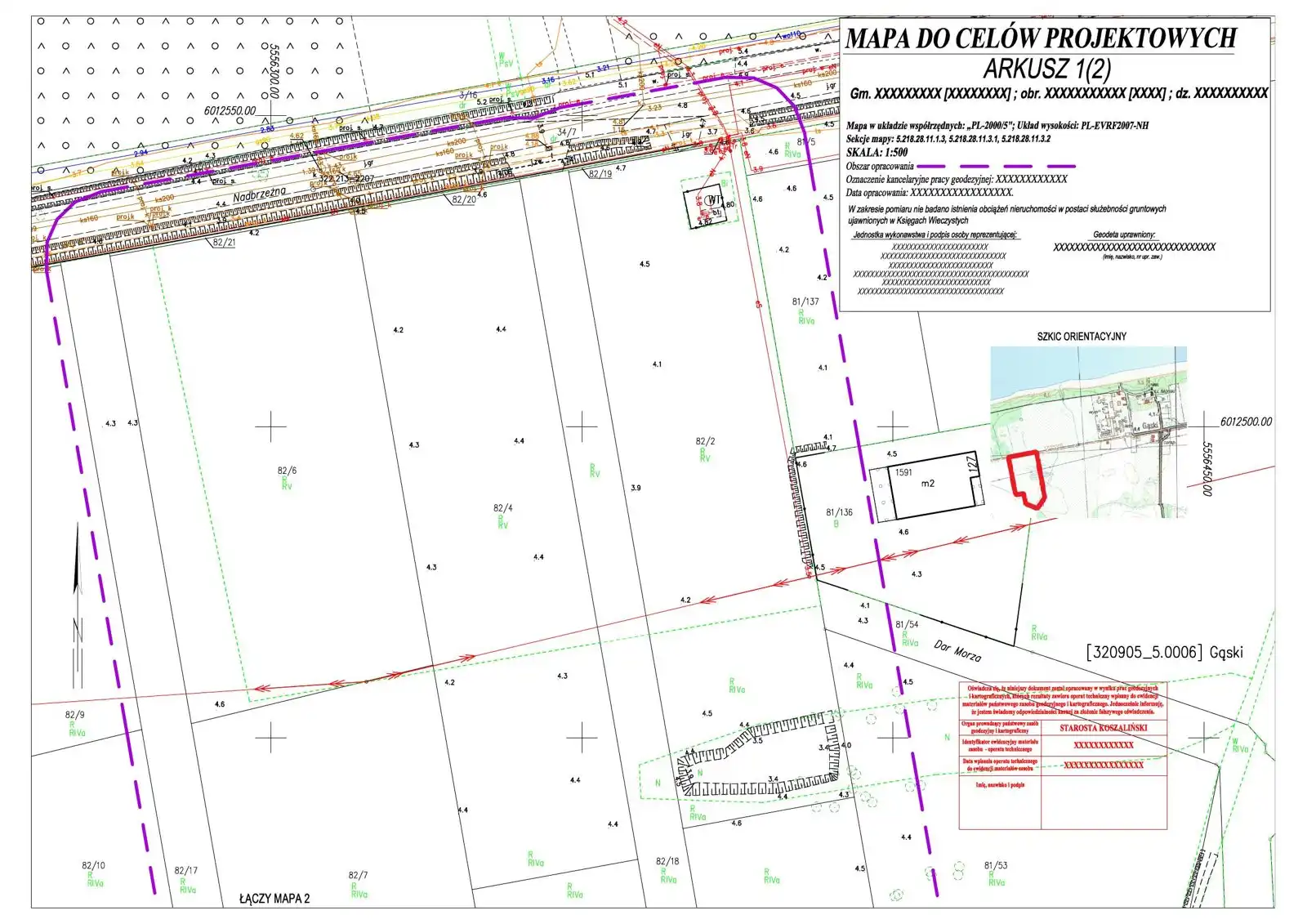 Przykład mapy do celów projektowych - aktualizowana w terenie, opatrzona pieczęciami, służąca projektantowi do adaptacji projektu domu