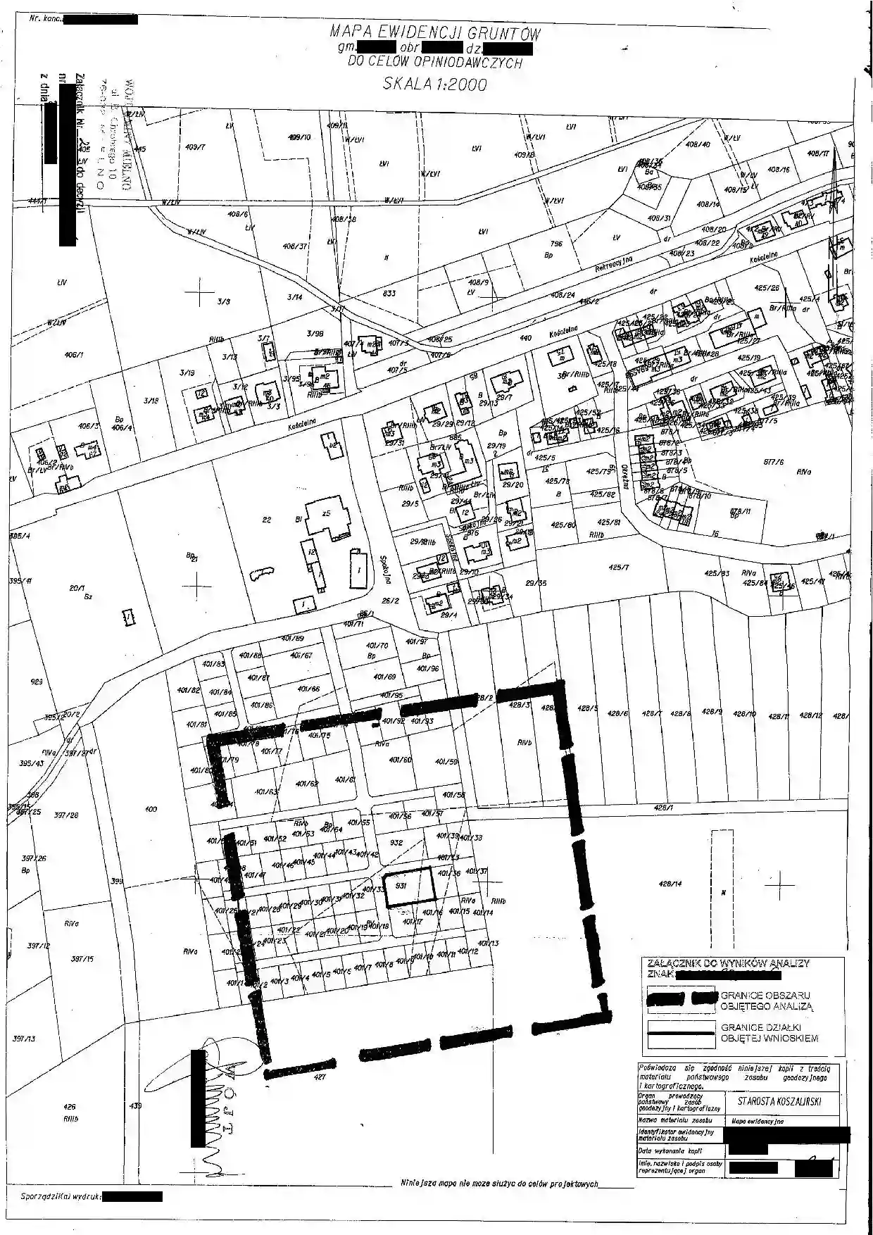 Mapa ewidencji gruntów z zaznaczonym obszarem analizowanym przy decyzji WZ