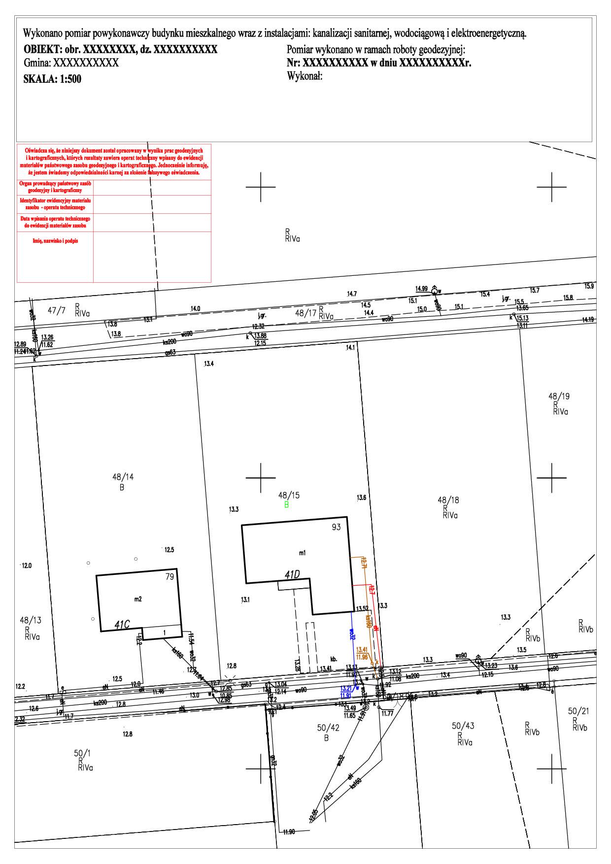Mapa z inwentaryzacji powykonawczej budynku i przyłączy - dokument przekazywany do państwowego zasobu geodezyjnego i kartograficznego