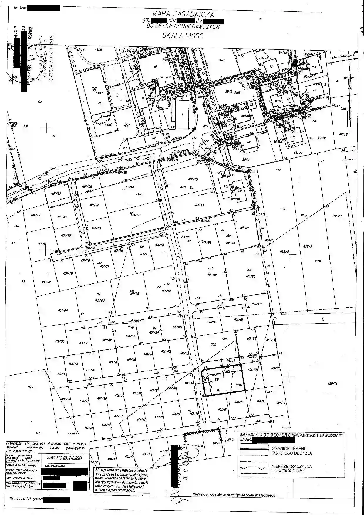 Mapa zasadnicza z zaznaczonym terenem objętym decyzją WZ i nieprzekraczalną linią zabudowy