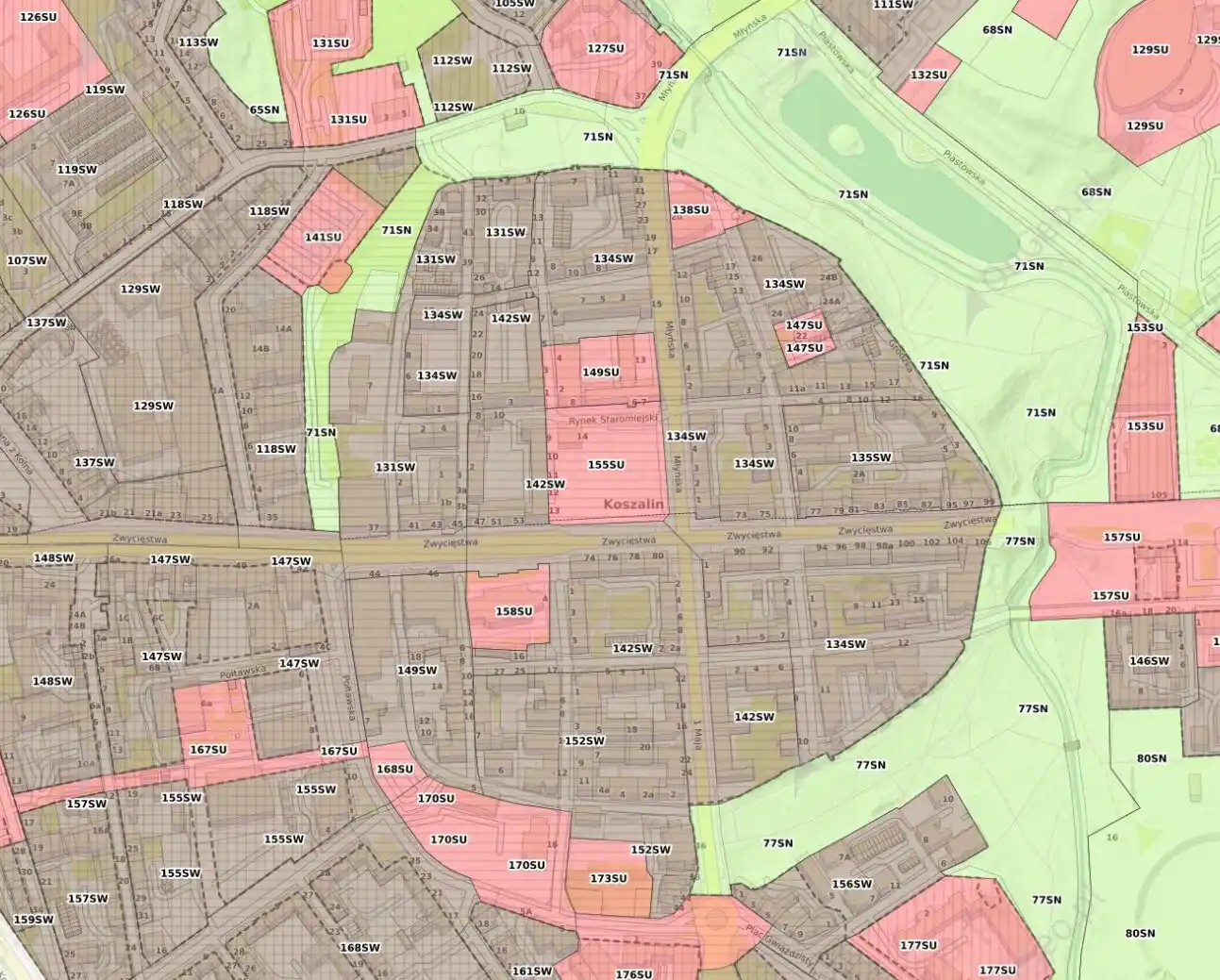 Fragment uchwalonego Planu Ogólnego dla centrum Koszalina - oznaczenia stref planistycznych (SU, SW, SN)