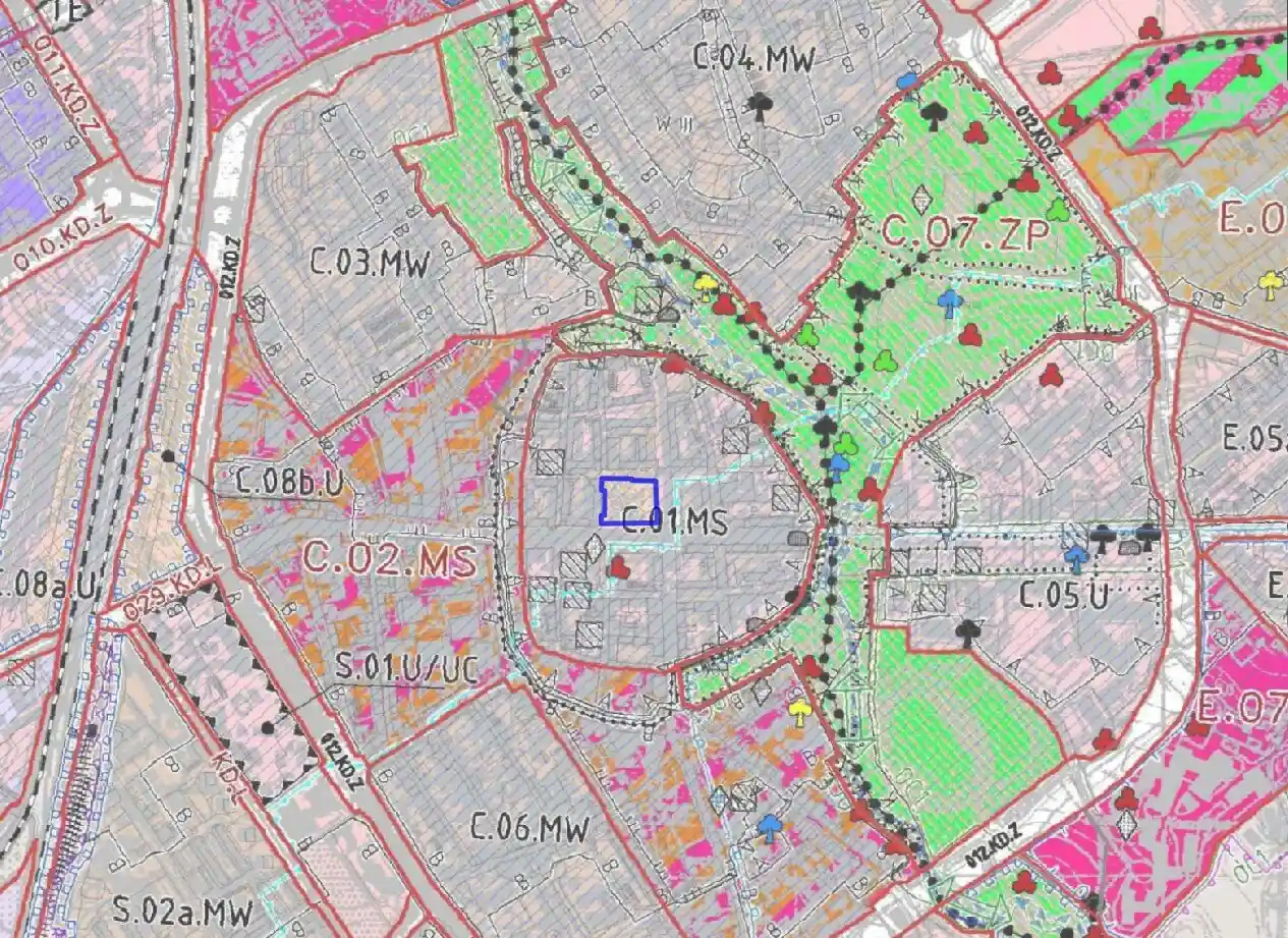 Fragment Studium uwarunkowań i kierunków zagospodarowania przestrzennego - centrum Koszalina, oznaczenia stref MS, MW, U, ZP